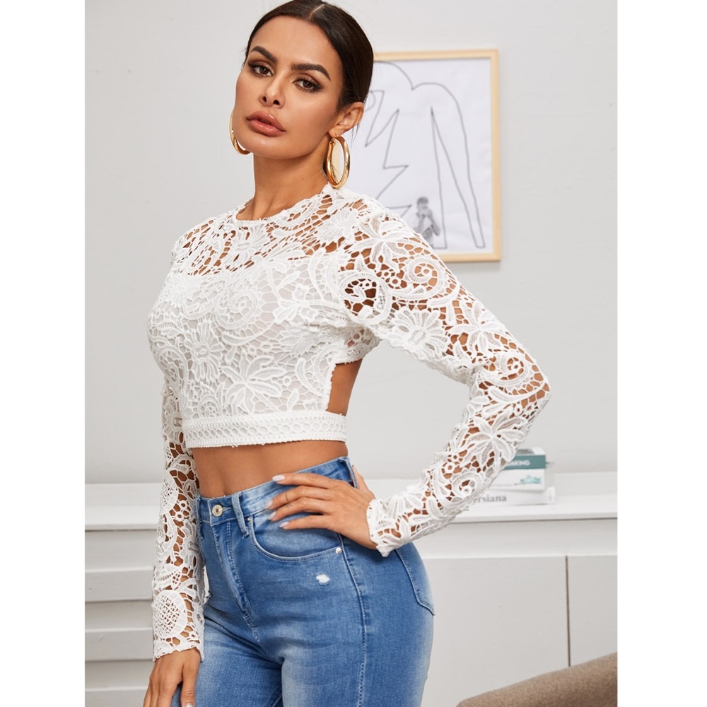 Backless White Lace Long Sleeve Crop Top - Picture 4 of 7